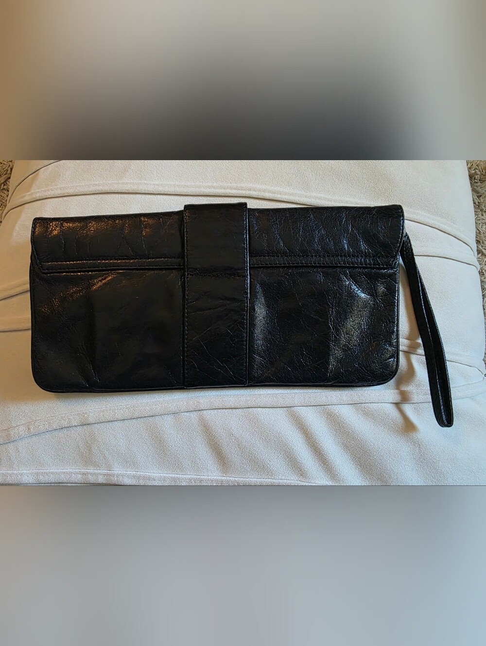 Vintage Hobo International Black Leather Clutch Wristlet Bag with Buckle